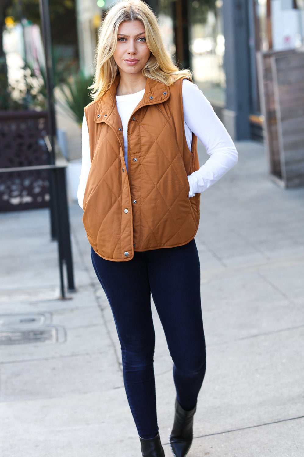 Camel High Neck Quilted Puffer Vest Haptics