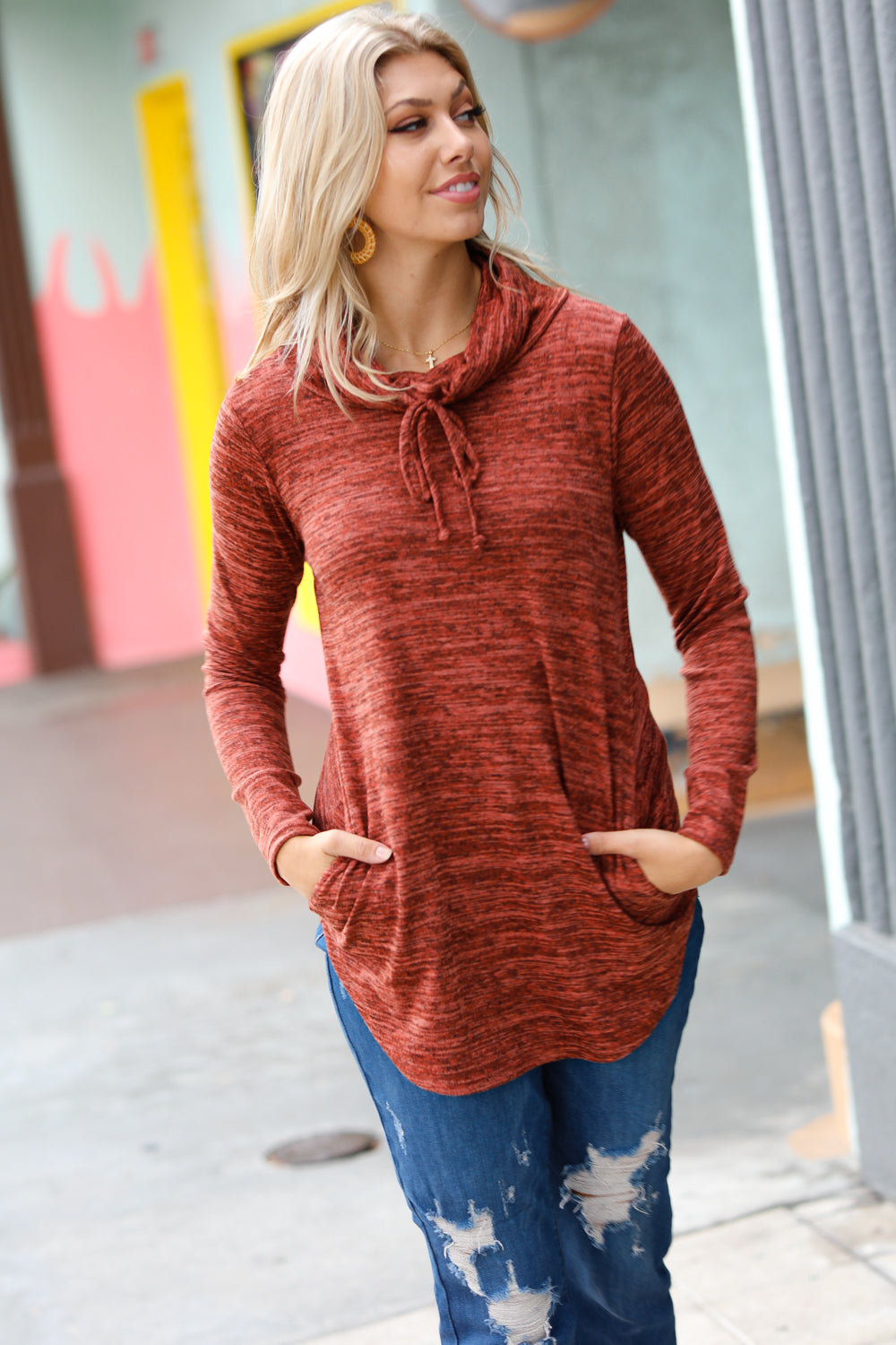 Be Your Best Rust Marled Cowl Neck Pocketed Top Red Lolly