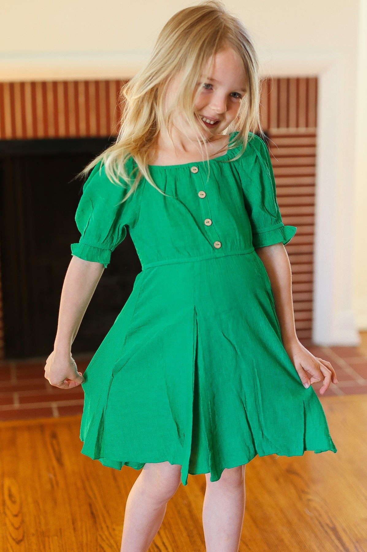 Adorable Green Button Square Neck Ruche Back Dress ODDY
