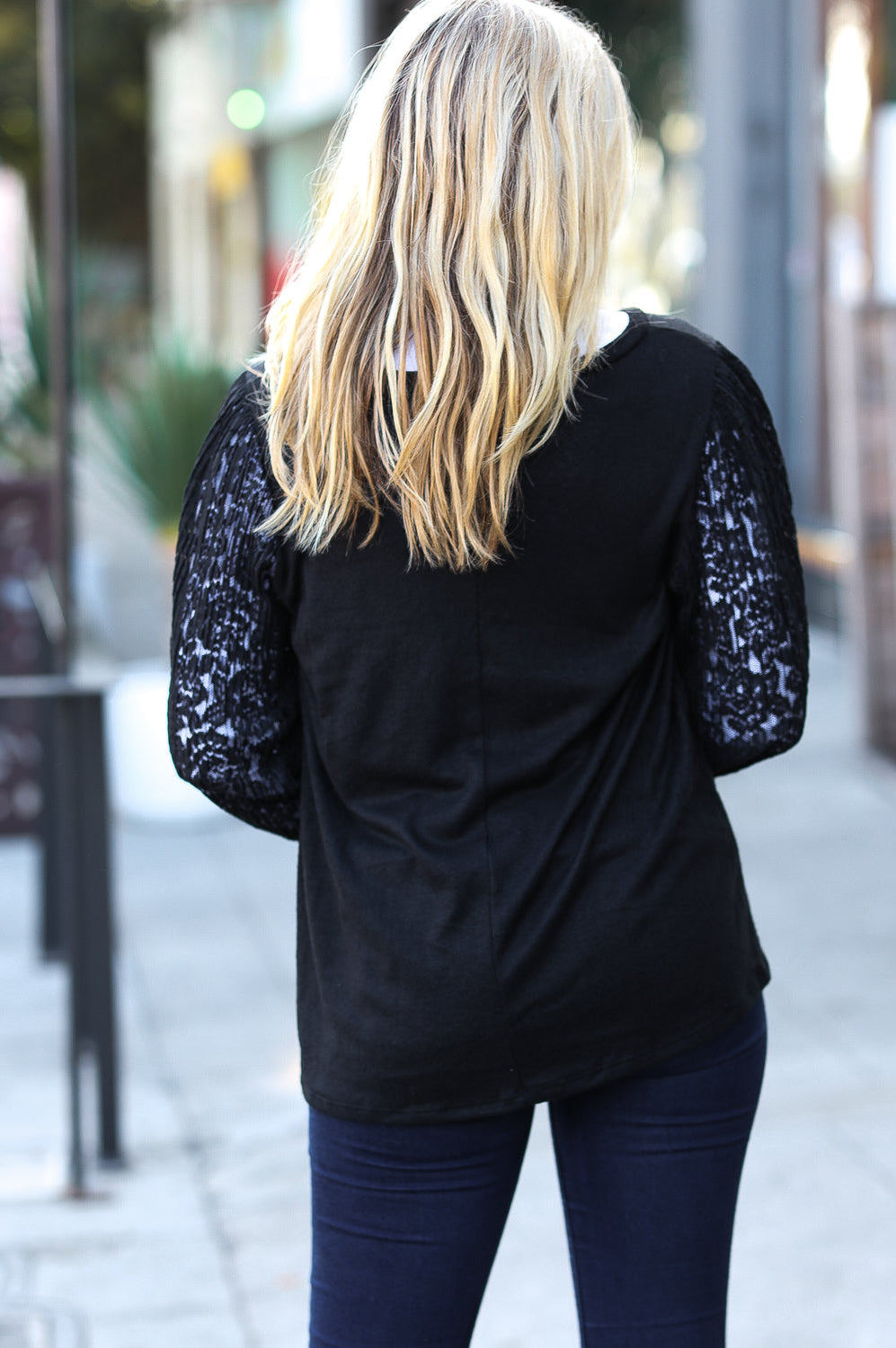 Black Hacci Floral Lace Bubble Sleeve Sweater Haptics