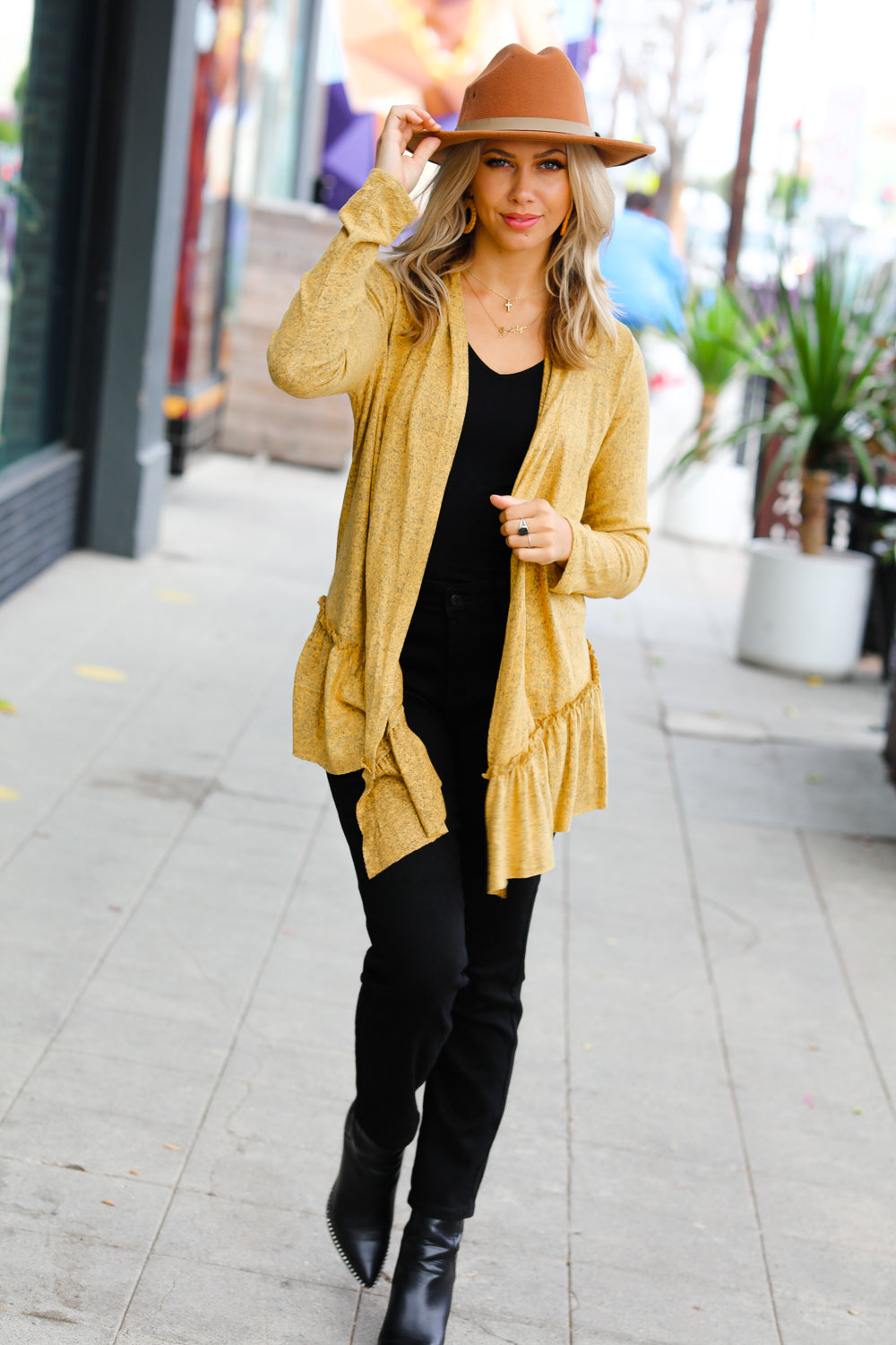 Face the Day Mustard Two-Tone Ruffle Cardigan Red Lolly