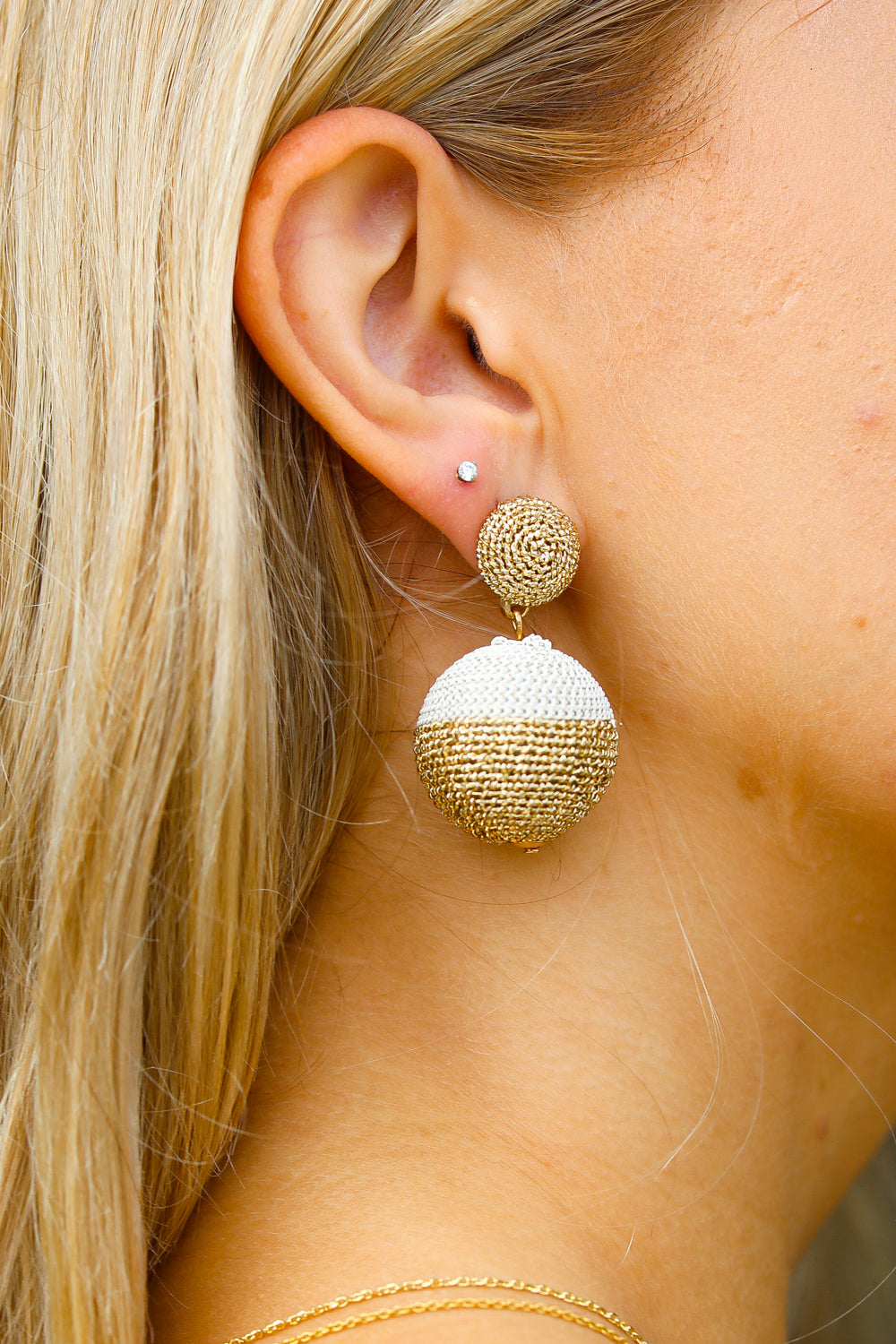 Gold & Ivory Lantern Raffia Dangle Ball Earrings Icon Collection