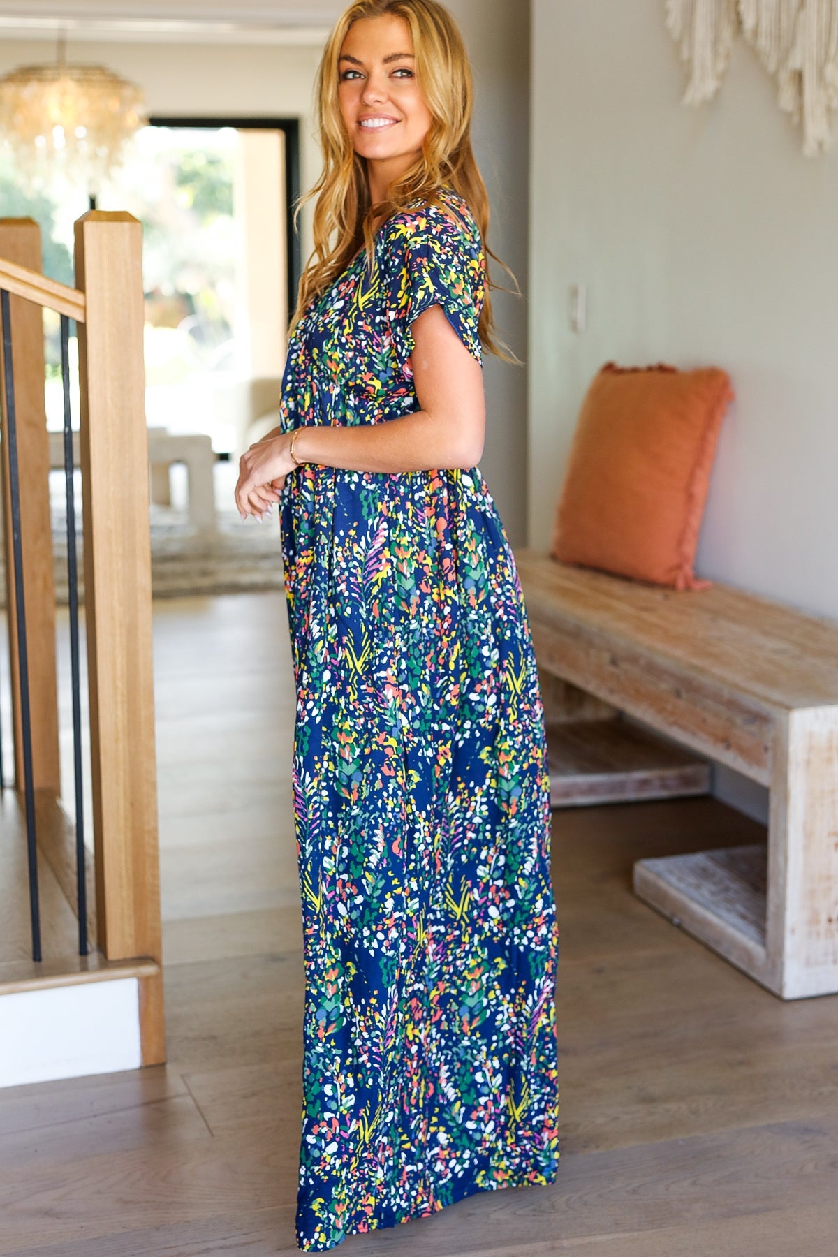 Just Feels Right Navy Blue Floral V Neck Dolman Maxi Dress Beeson River