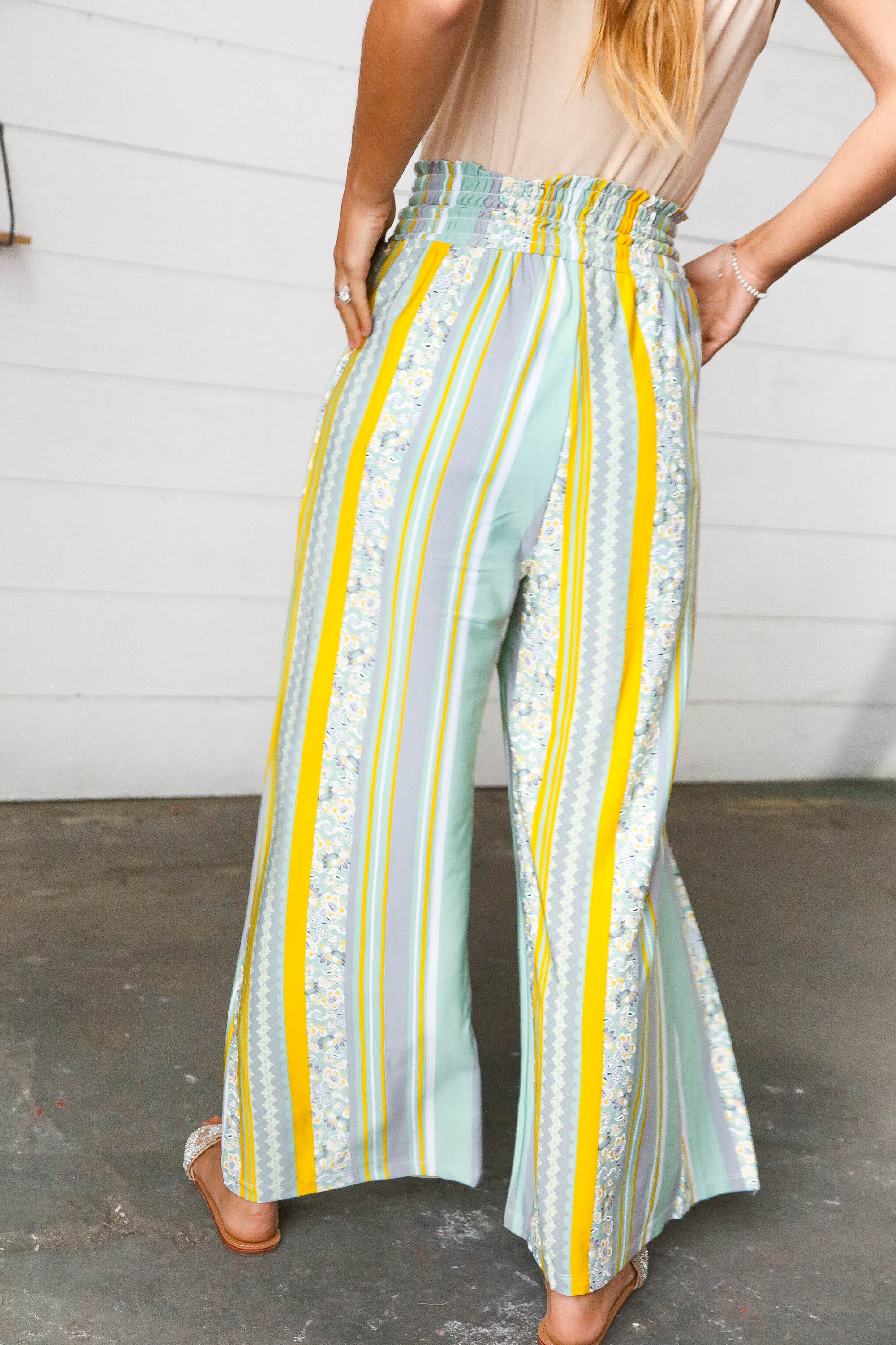 Mint Floral Print & Vertical Line Slit Palazzo Pants AndTheWhy