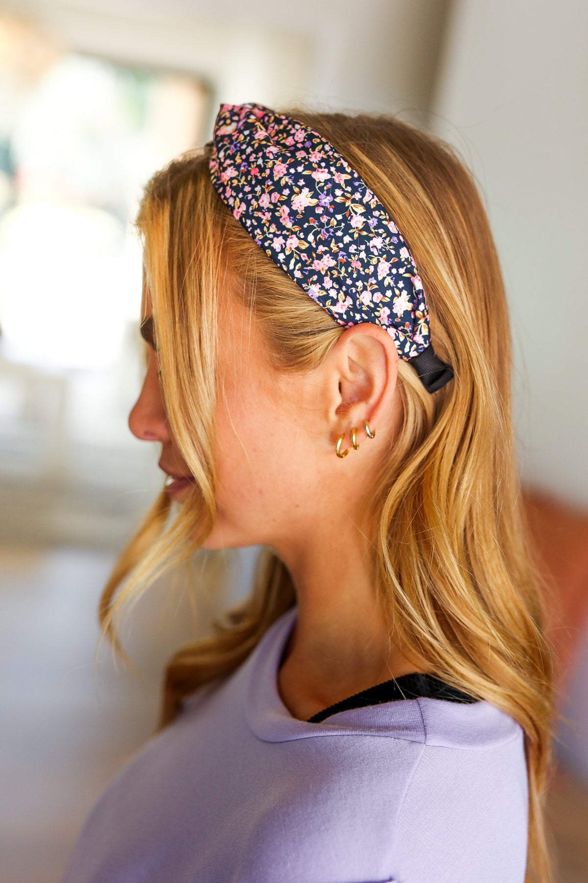 Navy Blue Floral Print Top Knot Headband ANARK