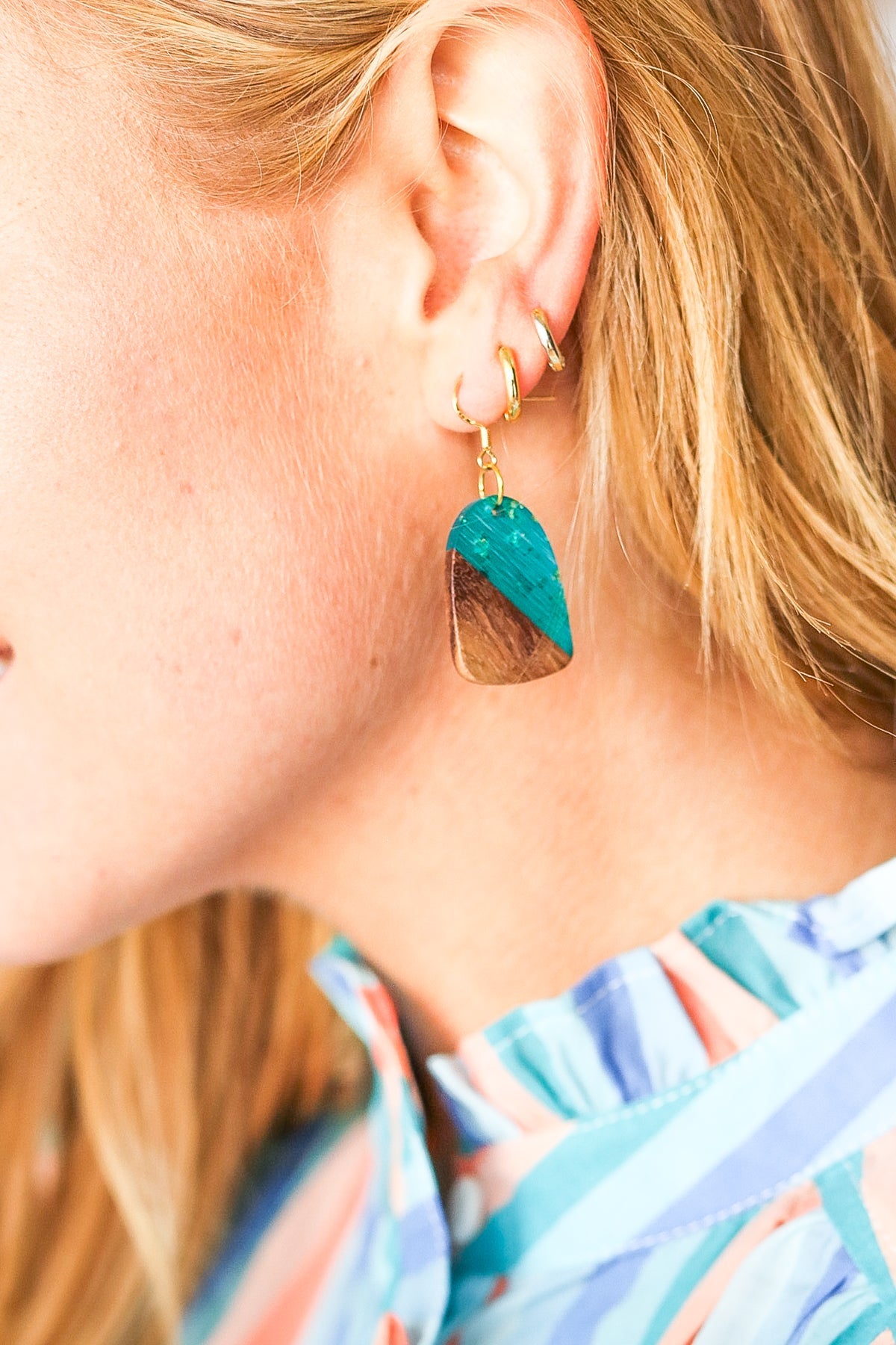 Wood & Turquoise Geometric Drop Earrings Influence