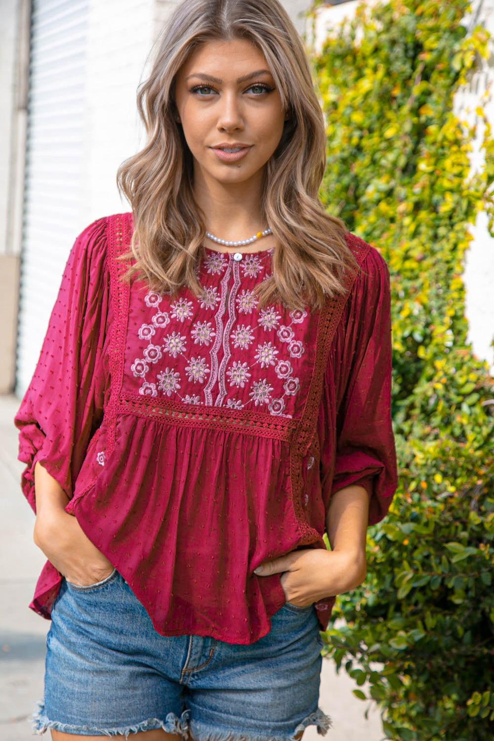 Cranberry Boho Crochet Lace Eyelet Swiss Dot Top |   |  Casual Chic Boutique