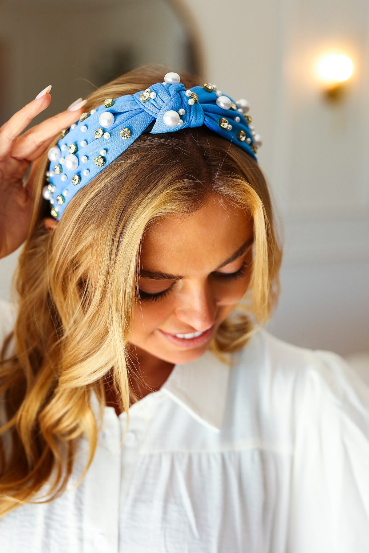 Azure Blue Pearl & Jewels Top Knot Knit Headband ANARK