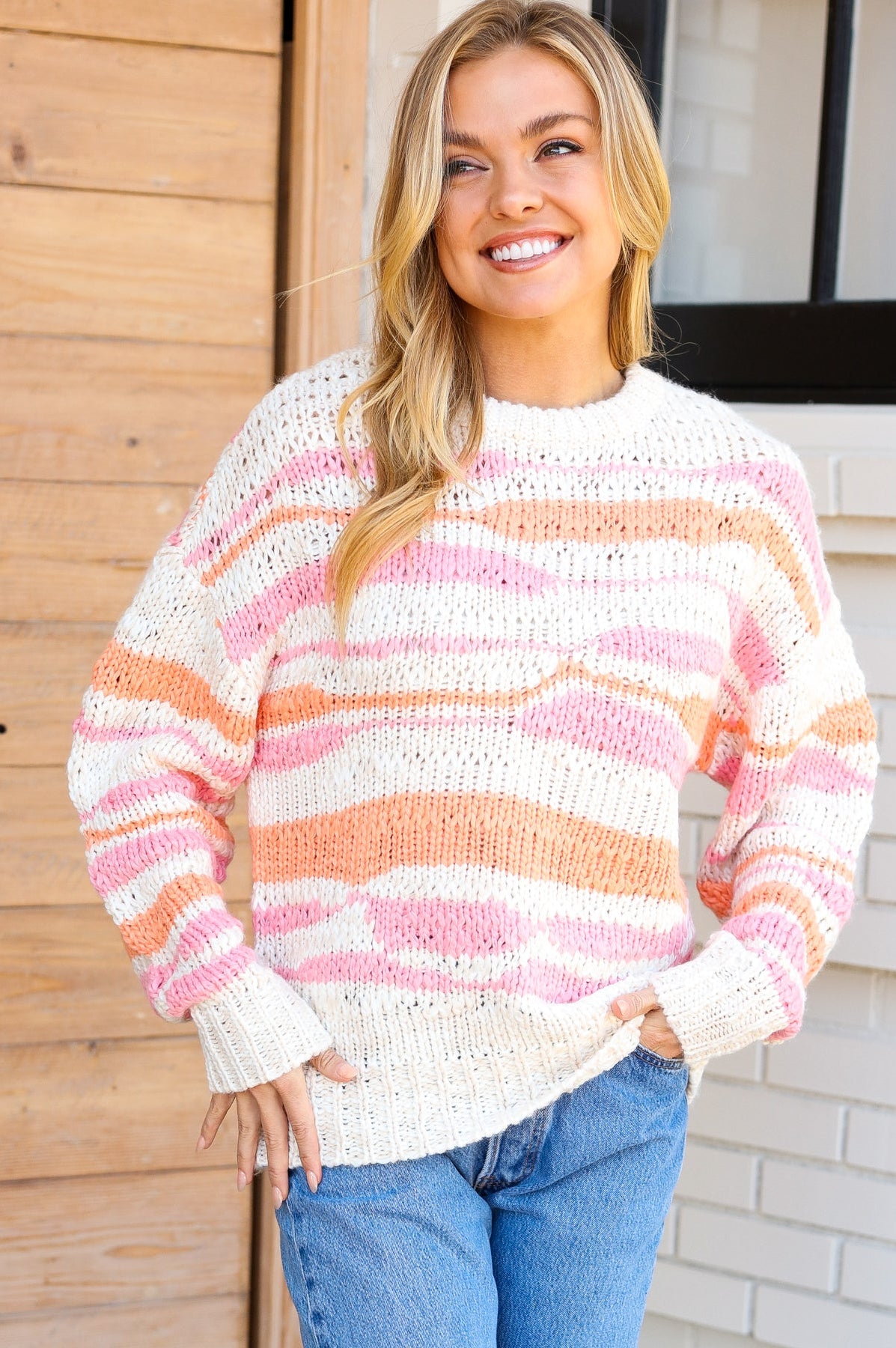 Perfectly You Mango Multicolor Stripe Chunky Knit Sweater Very J