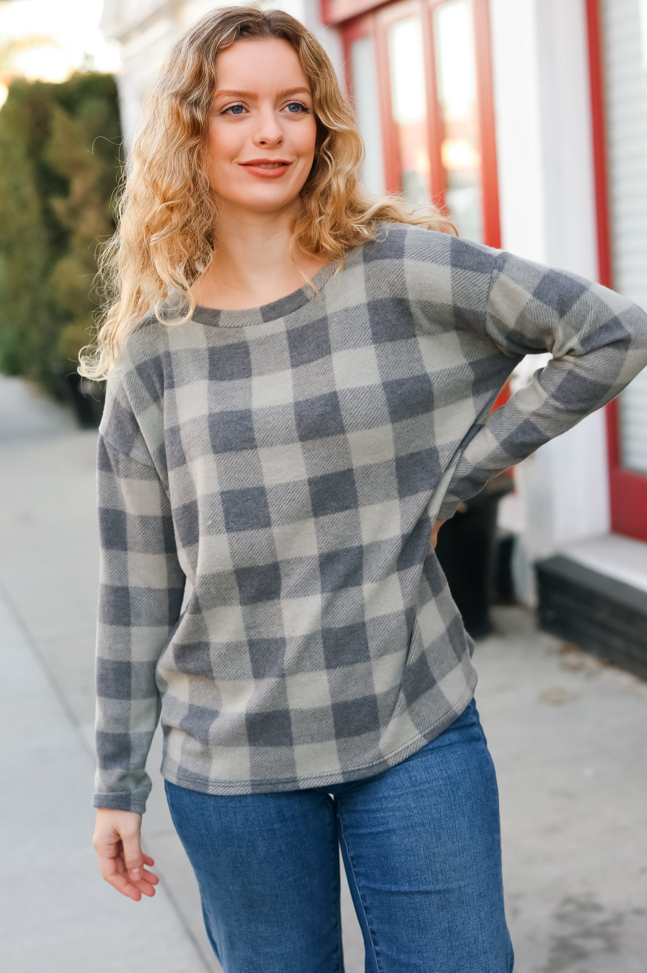 Check It Out Olive Grey Checker Plaid Hacci Pullover Haptics