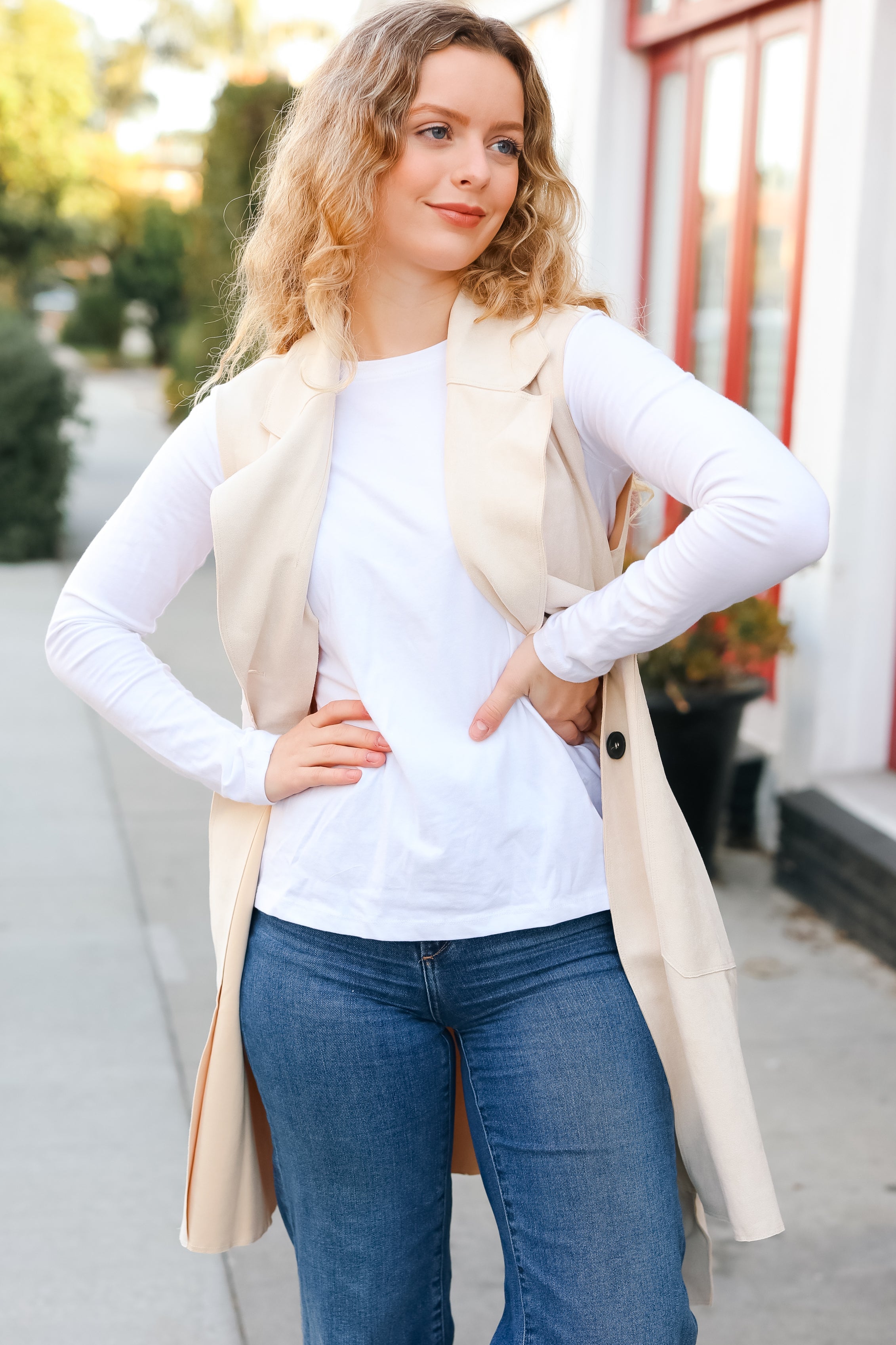 Back In Town Cream Faux Suede Trench Coat Vest Sugarfox