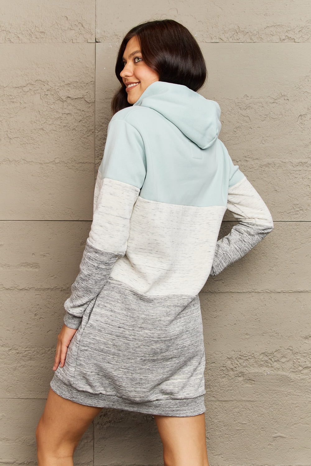 Ninexis Full Size Color Block Dropped Shoulder Hooded Mini Dress Trendsi