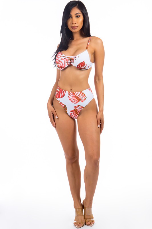 Two Piece Tropical Leave Print Bikini Mermaid Swimwear