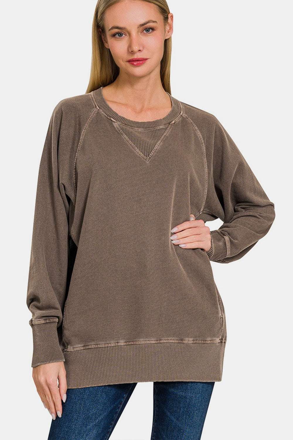 Zenana Round Neck Long Sleeve Sweatshirt Trendsi