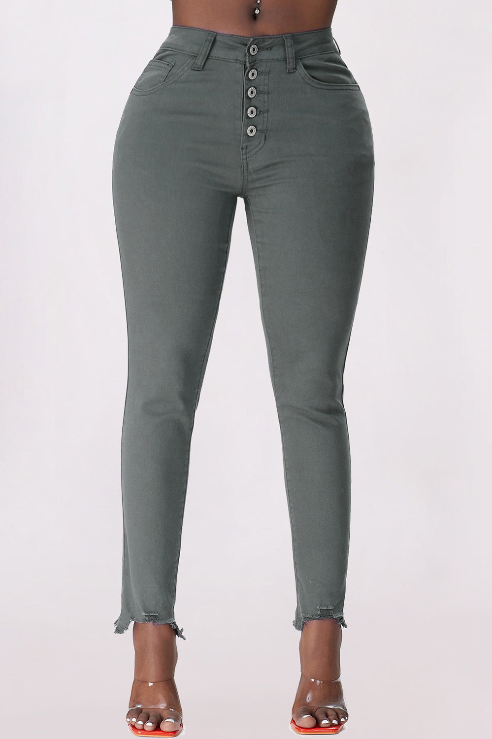 Baeful Button Fly Hem Detail Skinny Jeans Trendsi