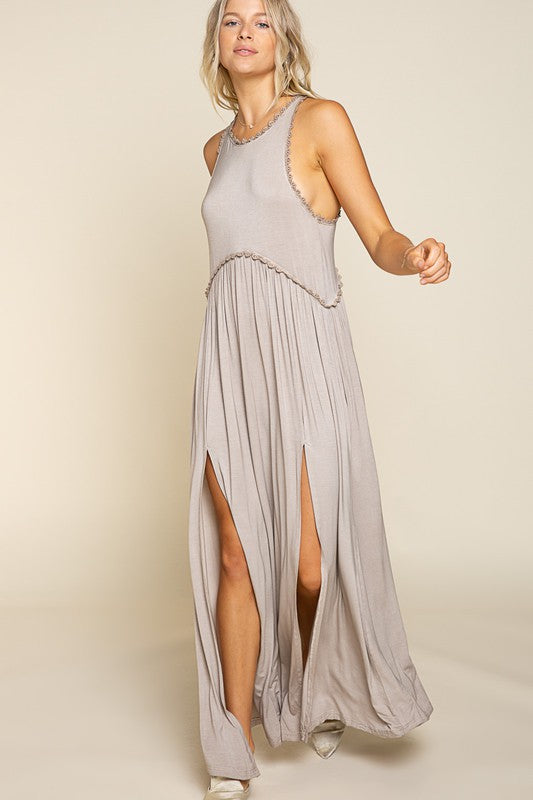 Stone Washed Side Slit Cut Out Maxi Dress POL
