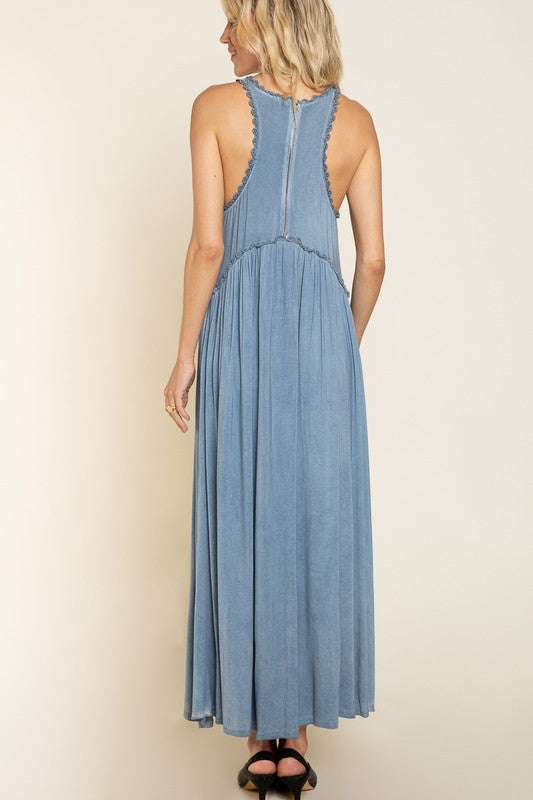 Stone Washed Side Slit Cut Out Maxi Dress POL