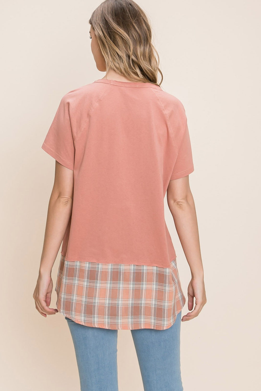 Cotton Bleu by Nu Lab Plaid Contrast Short Sleeve T-Shirt Trendsi