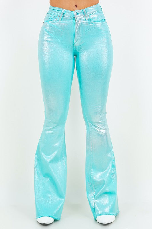 Metallic Bell Bottom Jean in Turquoise - Inseam 32 GJG Denim
