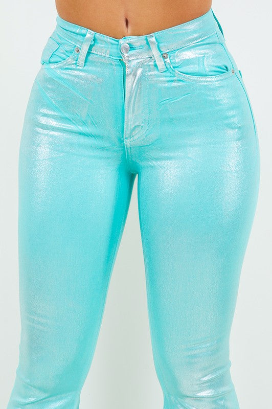 Metallic Bell Bottom Jean in Turquoise - Inseam 32 GJG Denim
