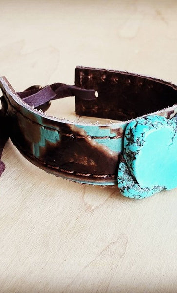 Narrow Leather Cuff w/ Turquoise Slab-Santa Fe The Jewelry Junkie