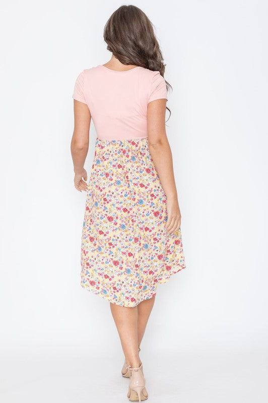 Cap Sleeve Contrast Floral Midi Dress With Pockets EG fashion