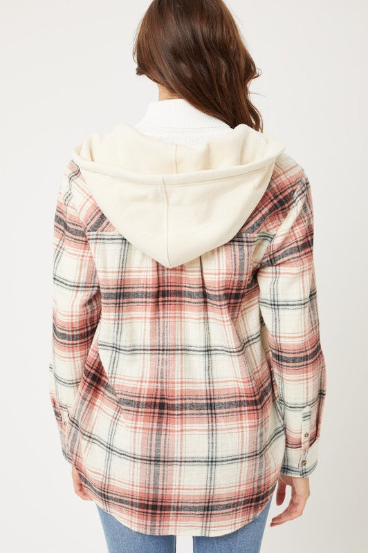 Plaid Flannel Button Up Shacket with Hood Love Tree