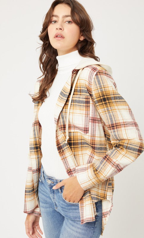Plaid Flannel Button Up Shacket with Hood Love Tree