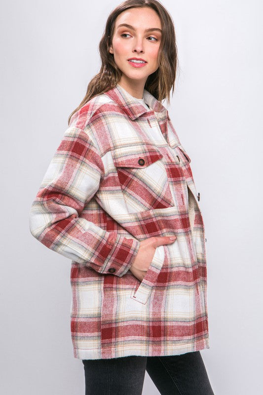 Plaid Button Up Jacket with Sherpa Lining Love Tree