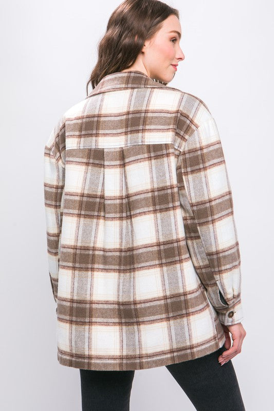 Plaid Button Up Jacket with Sherpa Lining Love Tree