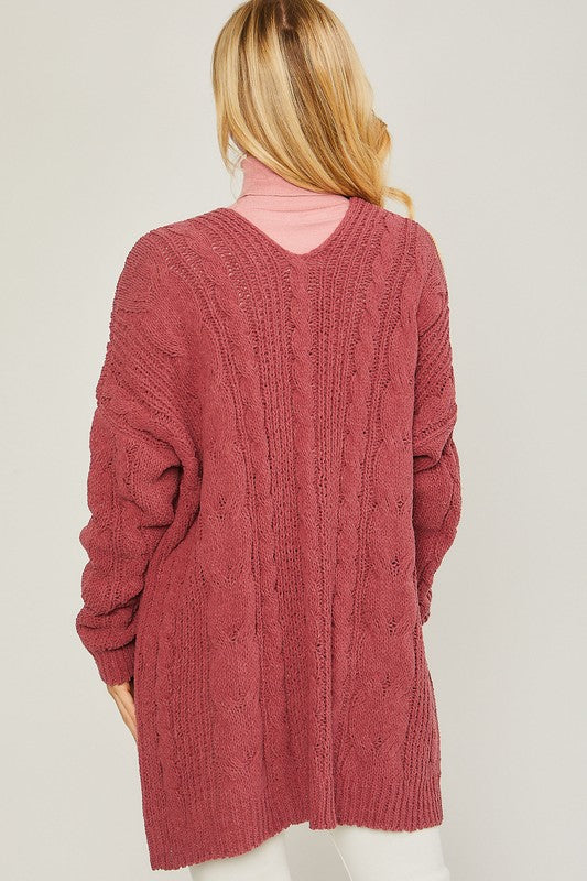Chenille Cable Knit Oversized Open Front Cardigan Love Tree
