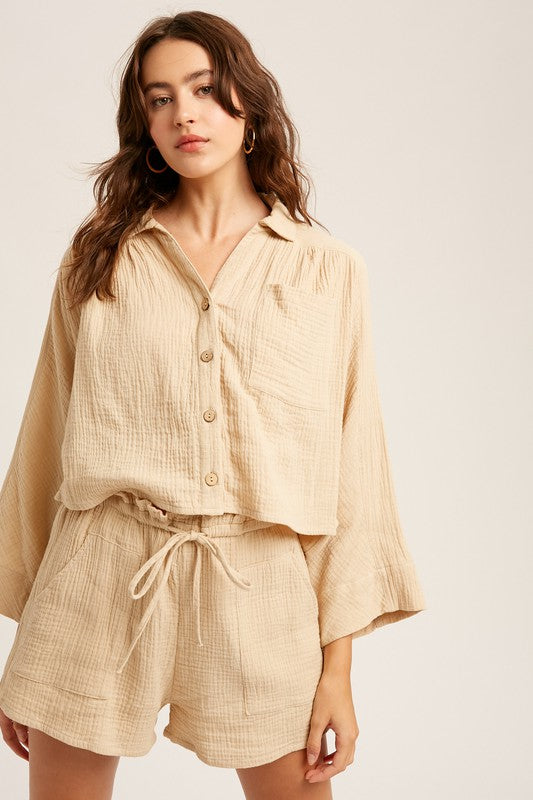 Textured Cotton Button Down Top and Pant Sets Listicle