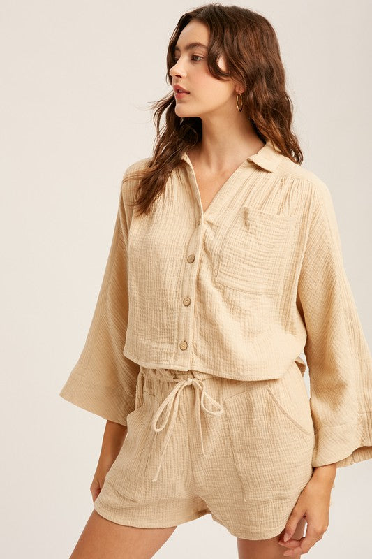 Textured Cotton Button Down Top and Pant Sets Listicle