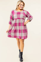 Checker Balloon Sleeve Midi Dress EG fashion
