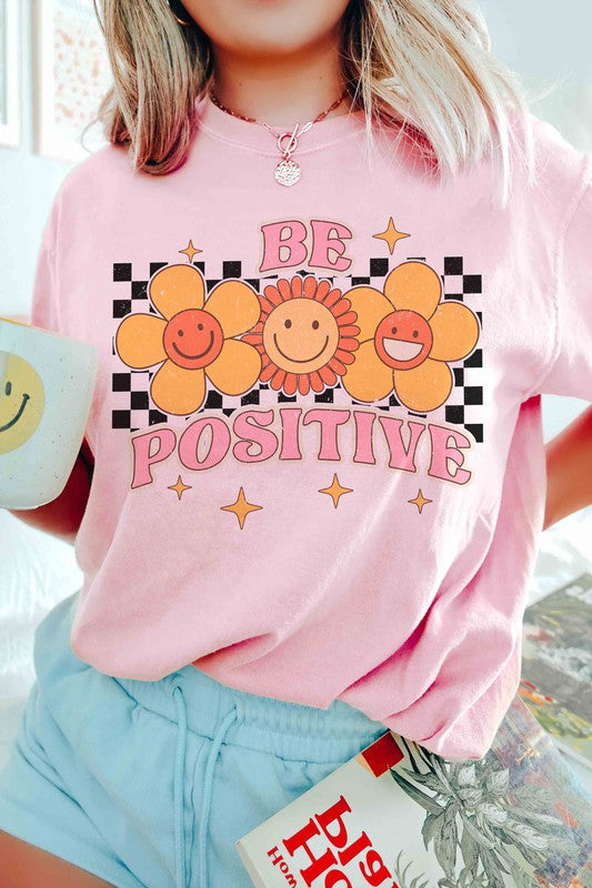 BE POSITIVE HAPPY FACE FLOWERS Graphic Tee A. BLUSH CO.