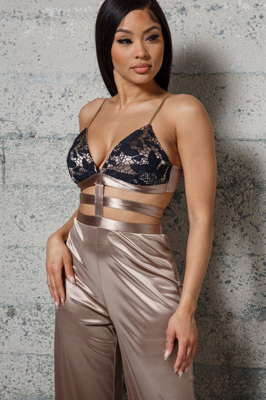 STRETCHED SATIN JUMPSUIT WITH LACE DETAILED BRA Melrose with Love