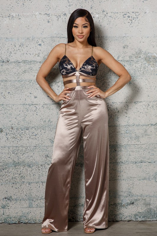 STRETCHED SATIN JUMPSUIT WITH LACE DETAILED BRA Melrose with Love
