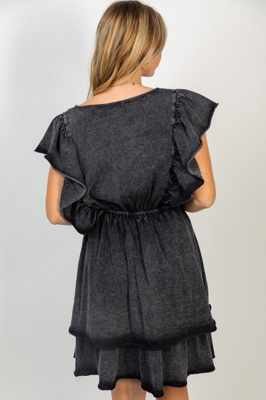 Short Flutter Sleeve Solid Knit Dress in Black White Birch