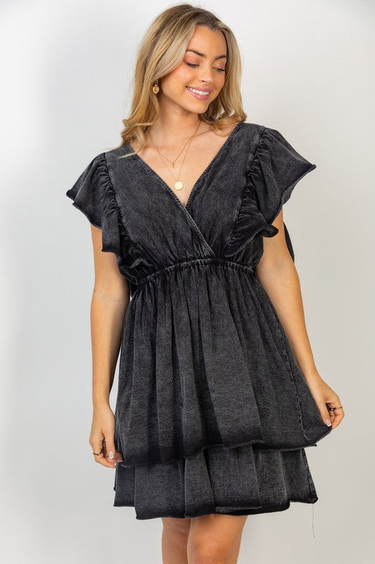 Short Flutter Sleeve Solid Knit Dress in Black White Birch