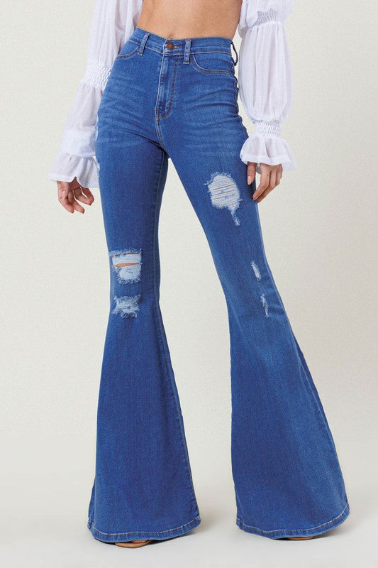 High-Rise Distressed Flare Jeans Vibrant M.i.U