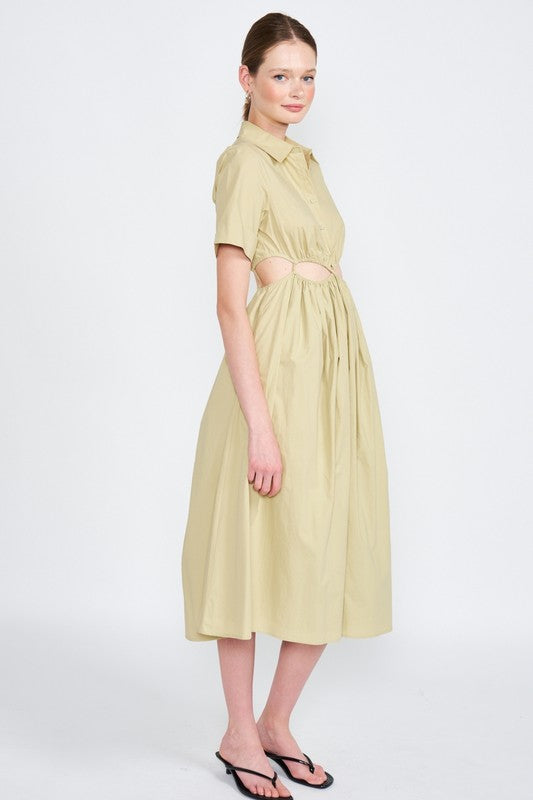 BUTTON UP COLLARED MIDI DRESS WITH CUT OUT Emory Park