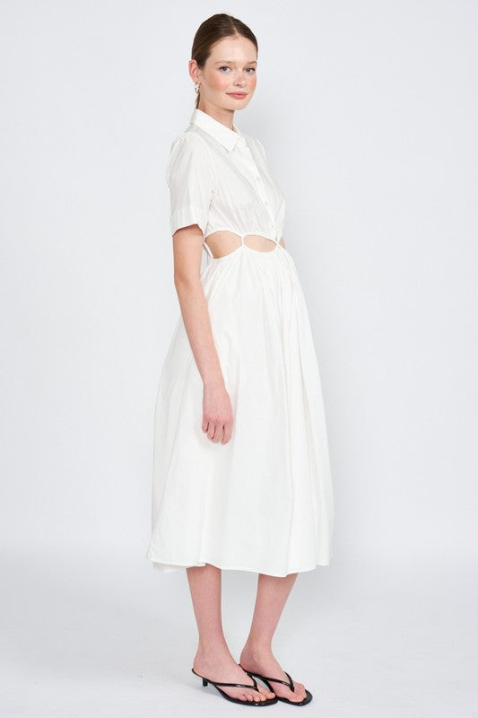 BUTTON UP COLLARED MIDI DRESS WITH CUT OUT Emory Park