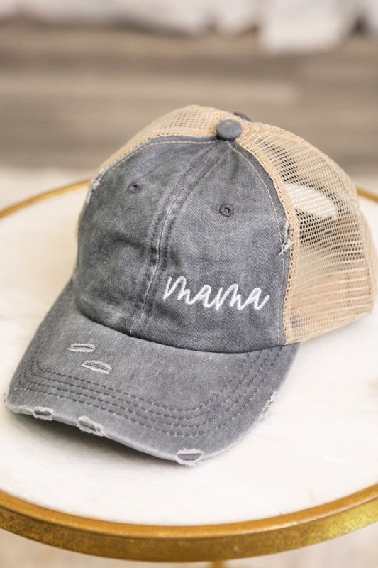 Cursive Mama Embroidered Messy Bun Hat Cap Dani & Em
