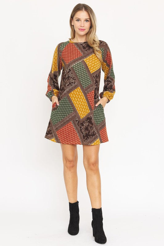Bishop Sleeve Multi Patch Pattern Mini Dress EG fashion