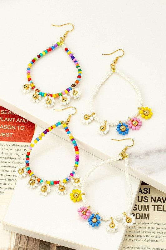 Seed bead daisy charm drop hoop earrings LA3accessories