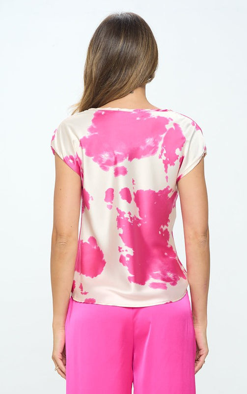 Cow Print Stretch Satin Top with Cowl Neck Renee C.