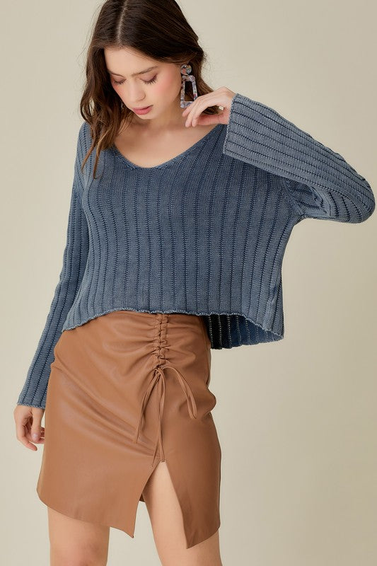 V-Neck Washed Crop Sweater Mustard Seed