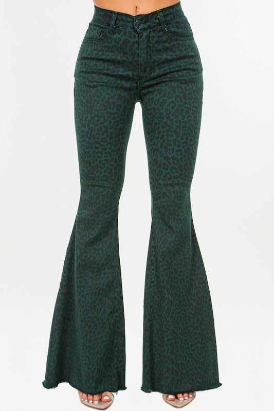 Leopard Bell Bottom Jean in Pine Green GJG Denim