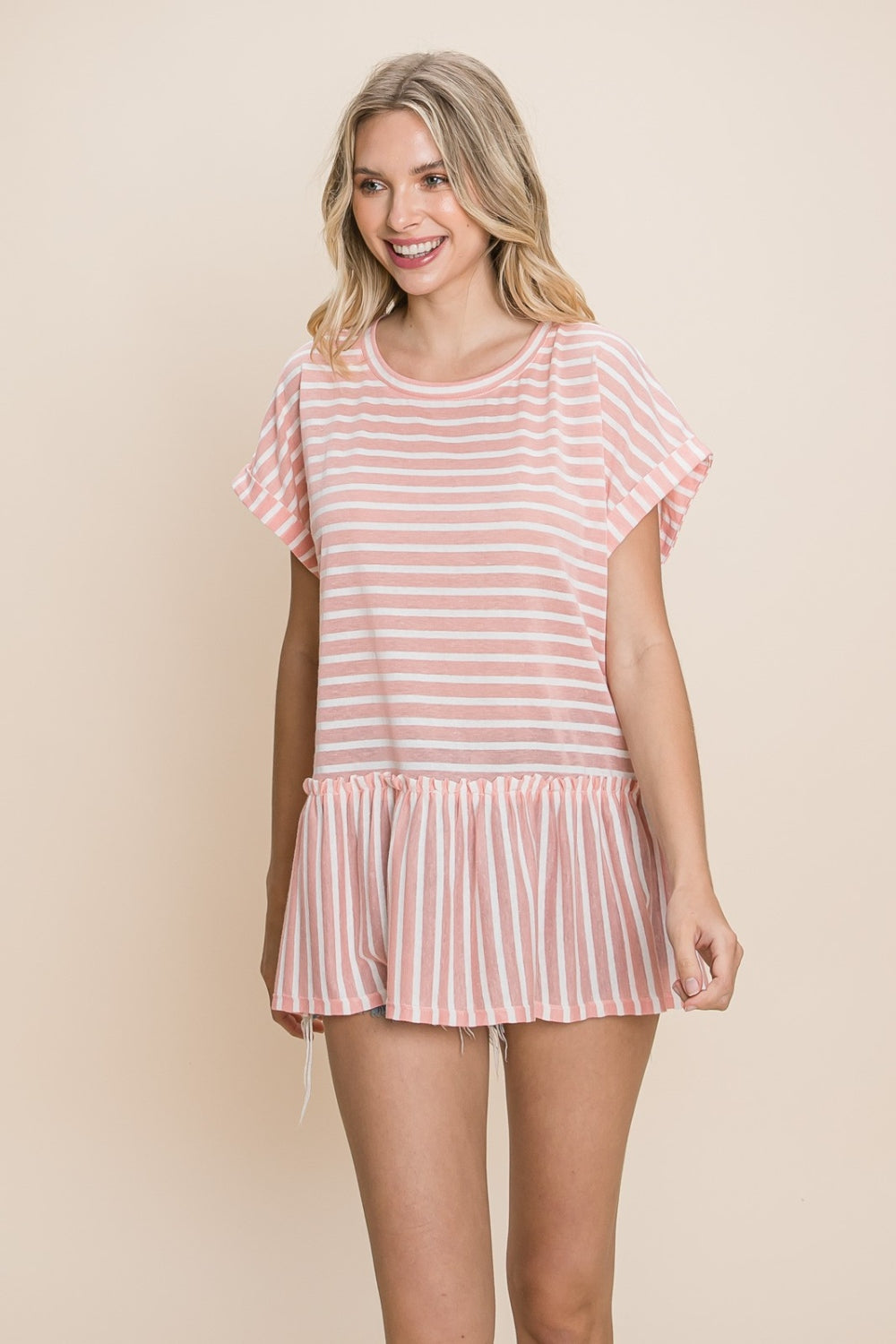 Cotton Bleu by Nu Label Striped Ruffled Short Sleeve Top Trendsi