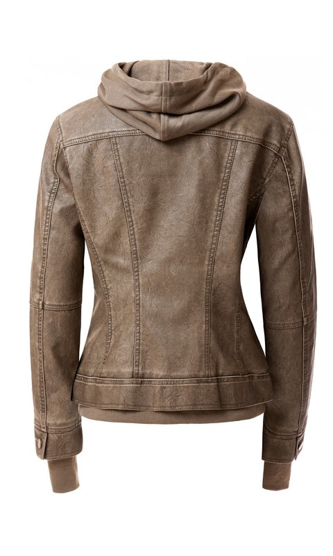 Women's Hood PU Leather Jacket Annva USA
